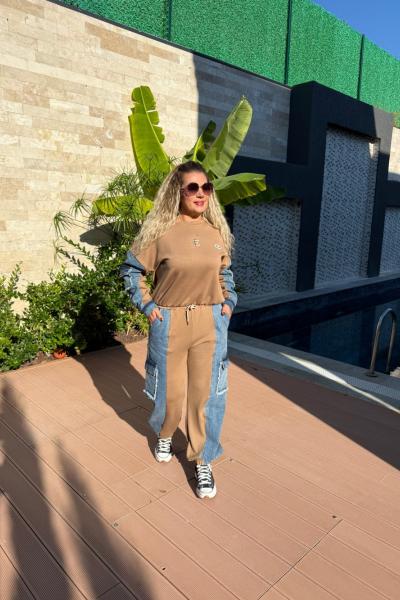 JEAN DETAY İKİLİ TASARIM TAKIM Sütlü Kahve