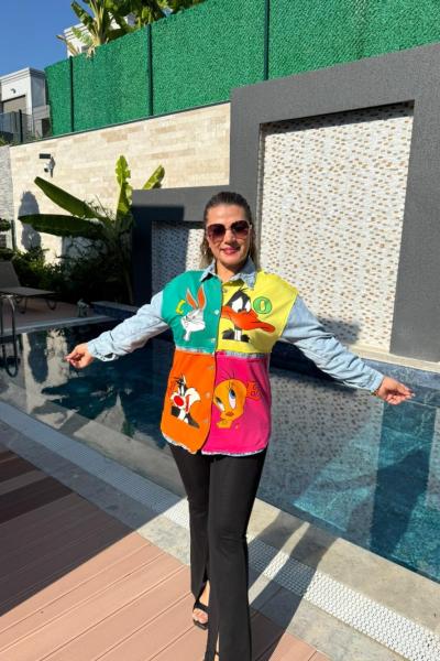 KARAKTER BASKILI JEAN CEKET Mavi