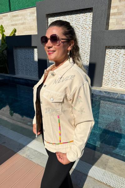 NEVER YAZILI TASARIM KOT CEKET Krem