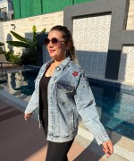 OMUZLARI RENKLİ TAŞLI KOT CEKET Mavi