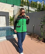 KAPİTONE KAPŞONLU TASARIM PELUŞ YELEK Fıstık Yeşili