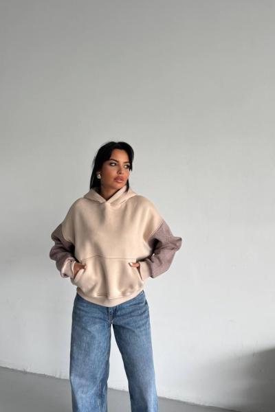 LEOPARD TEXTURE KAPŞONLU ŞARDONLU SWEAT Bej