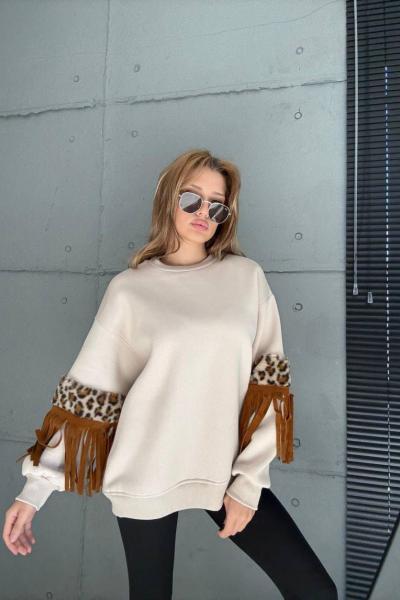 KOLLAR PÜSKÜL DETAYLI ŞARDONLU SWEAT Bej