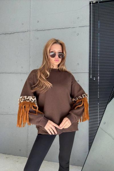 KOLLAR PÜSKÜL DETAYLI ŞARDONLU SWEAT Acı Kahve