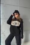 BOSTON YAZILI KAPŞONLU SWEAT  Siyah