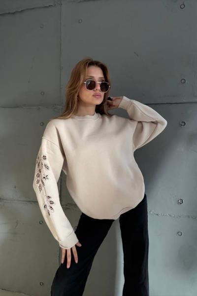 ŞARDONLU KOL NAKIŞ DETAY SWEAT  Bej