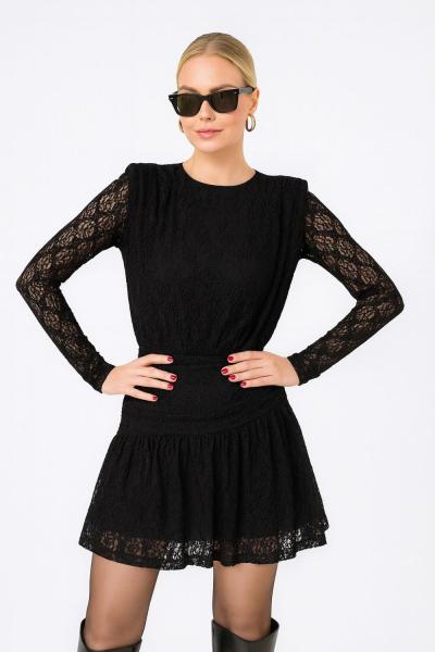 DANTELLİ BEL BÜZGÜLÜ KISA ELBİSE Siyah