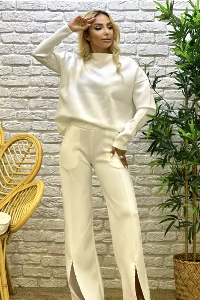 PAÇA YIRTMAÇ DETAY SCUBA KUMAŞ İKİLİ TAKIM Beyaz