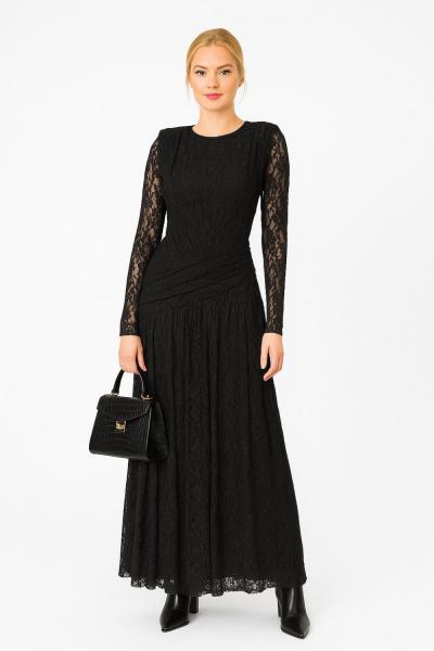 UZUN BEL BÜZGÜLÜ DANTELLİ ELBİSE Siyah