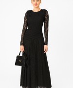 UZUN BEL BÜZGÜLÜ DANTELLİ ELBİSE  Siyah