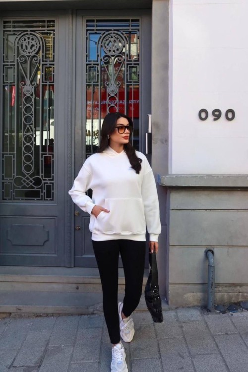 VOGUE YAZILI KAPŞONLU SWEAT  Beyaz