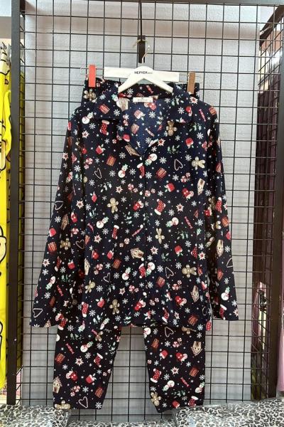 SÜWT KUMAŞ YILBAŞI BASKI PİJAMA TAKIMI  Siyah