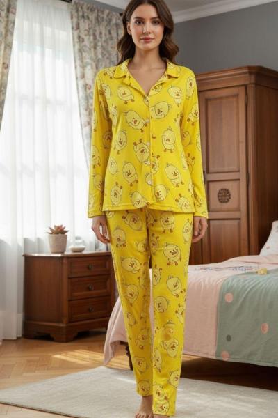 SÜET KUMAŞ CİVCİV BASKILI PİJAMA TAKIMI  Sarı