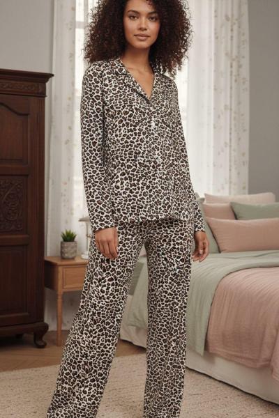 SÜET KUMAŞ LEOPAR PİJAMA TAKIMI  Siyah