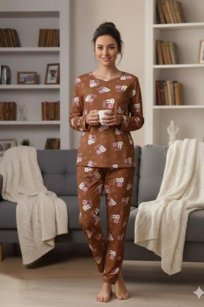 SÜET KUMAŞ TAVŞAN BASKILI PİJAMA TAKIMI  Vizon