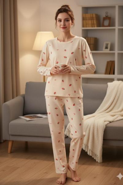 SÜET KUMAŞ FİYONK ÇİLEKLİ PİJAMA TAKIMI  Bej