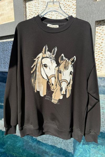 ŞARDONLU AT BASKILI SWEAT Siyah