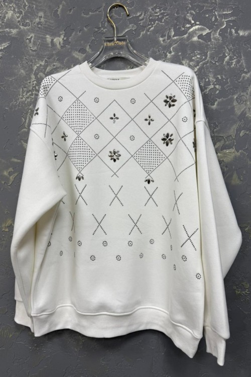 ŞARDONLU BAKLAVA ÇİÇEK SWEAT Beyaz