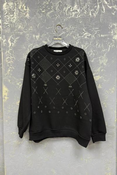 ŞARDONSUZ BAKLAVA ÇİÇEK SWEAT Siyah