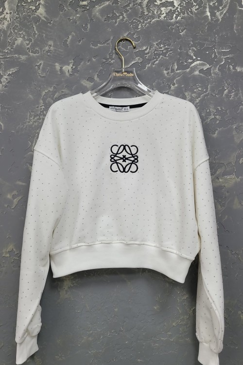 ŞARDONSUZ FULL TAŞLI LOVE İŞLEMELİ SWEAT Beyaz
