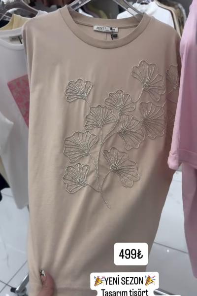 SOL TARAF ÇOKLU PAPATYALI TİŞÖRT  Bej