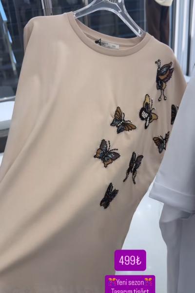 ÇOKLU OMUZ KELEBEK DETAY TİŞÖRT Bej