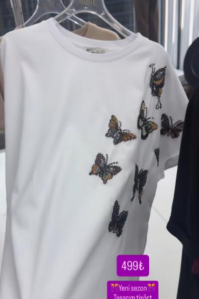 ÇOKLU OMUZ KELEBEK DETAY TİŞÖRT Beyaz