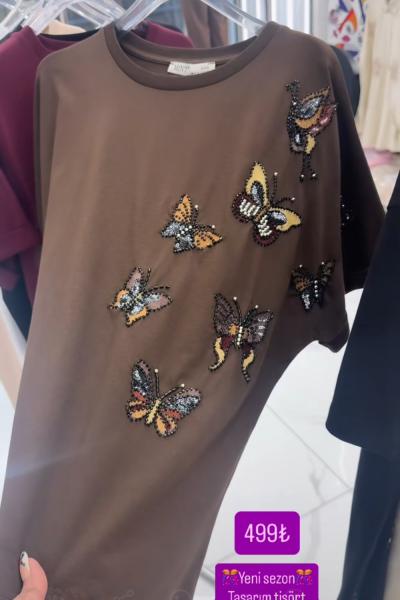 ÇOKLU OMUZ KELEBEK DETAY TİŞÖRT Acı Kahve