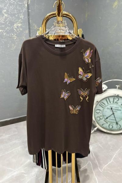 ÇOKLU OMUZ KELEBEK DETAY TİŞÖRT Acı Kahve