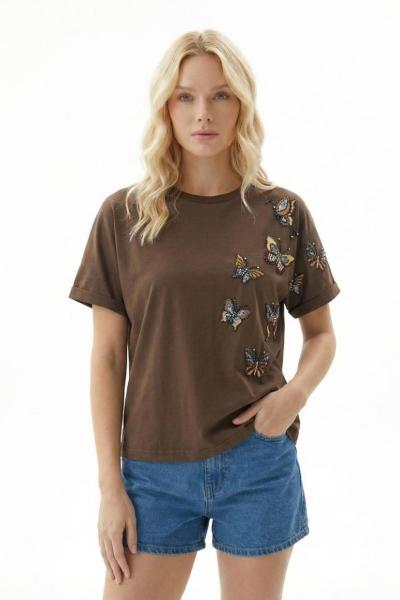 ÇOKLU OMUZ KELEBEK DETAY TİŞÖRT Acı Kahve