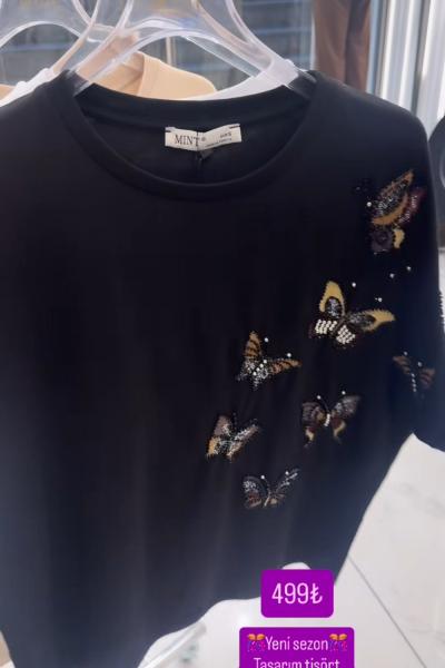 ÇOKLU OMUZ KELEBEK DETAY TİŞÖRT Siyah