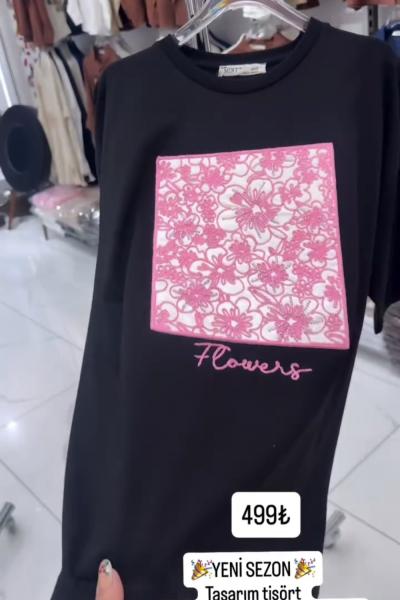FLOWERS ÇİÇEK NAKIŞ İŞLEME TİŞÖRT  Siyah