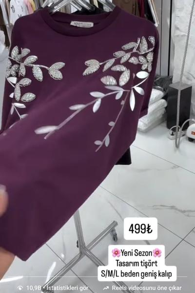 İKİ TARAF İŞLEME DETAYLI TİŞÖRT Mürdüm