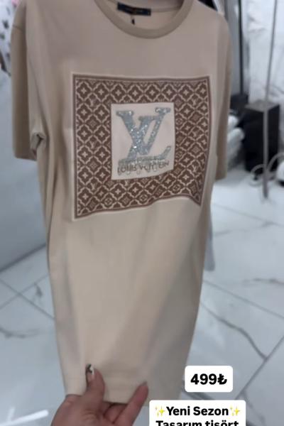LV TAŞ YAZILI TİŞÖRT Bej