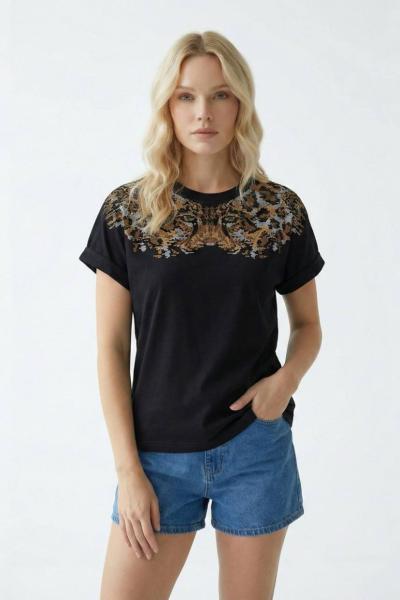 ASLAN BASKI DETAY TAŞLI TİŞÖRT  Siyah