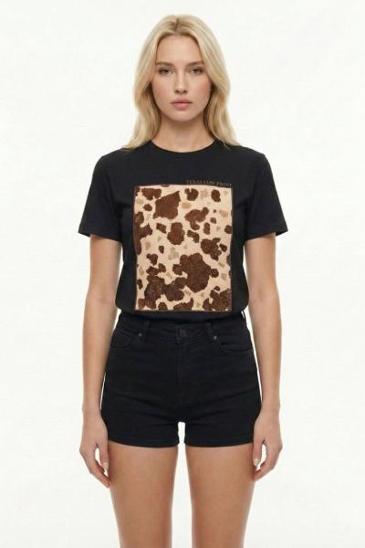 TEXAS COW PRİNT YAZILI TİŞÖRT  Siyah