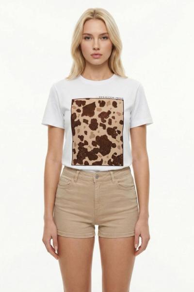 TEXAS COW PRİNT YAZILI TİŞÖRT  Beyaz