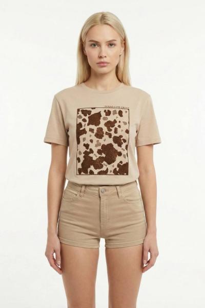 TEXAS COW PRİNT YAZILI TİŞÖRT  Bej