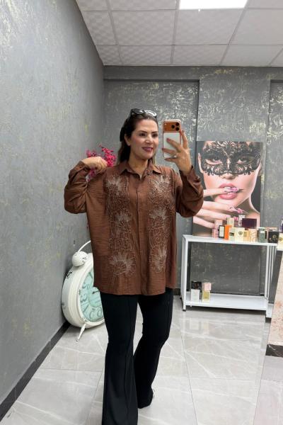 İŞLEME DETAY GÖMLEK  Acı Kahve