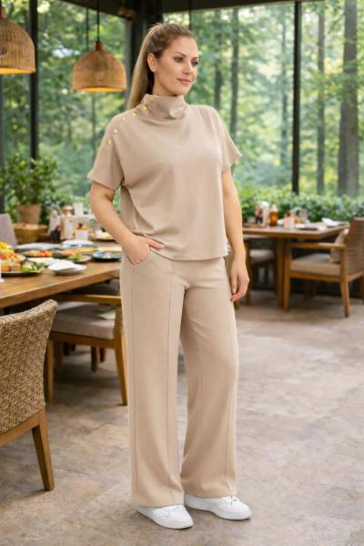 YAKA ÇITÇIT DETAYLI İKİLİ TAKIM Bej
