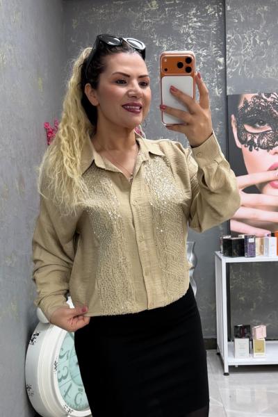 PAYET İŞLEMELİ GÖMLEK  Bej