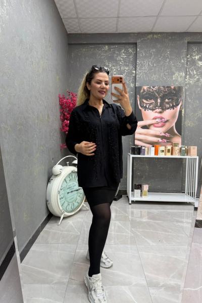 YAPRAK İŞLEME DETAY GÖMLEK  Siyah