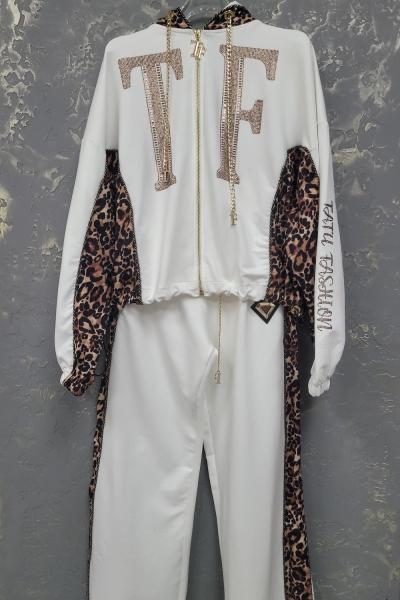 İTHAL KAPŞONLU LEOPAR DETAY İKİLİ TAKIM  Beyaz