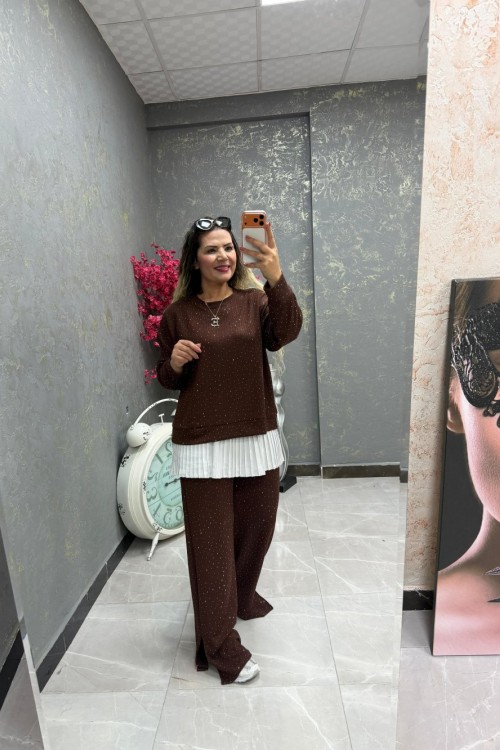 PİLİSELİ FULL TAŞLI ÜÇLÜ TAKIM  Acı Kahve