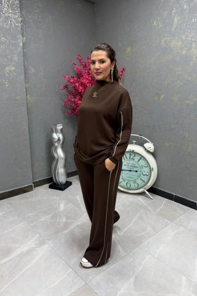 YAN ŞERİT DETAYLI İKİLİ TAKIM  Acı Kahve