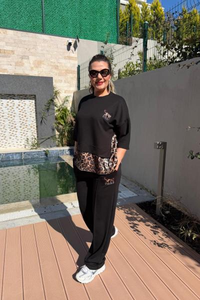 SIRT KEMER LEOPAR DETAYLI İKİLİ TAKIM  Siyah