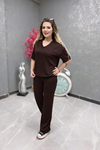 V YAKA MODAL KUMAŞ İKİLİ TAKIM  Acı Kahve