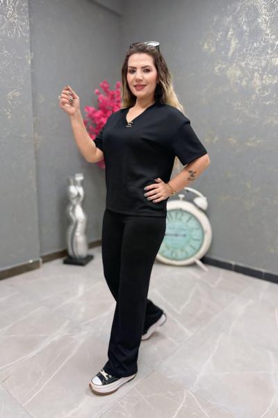 V YAKA MODAL KUMAŞ İKİLİ TAKIM  Siyah