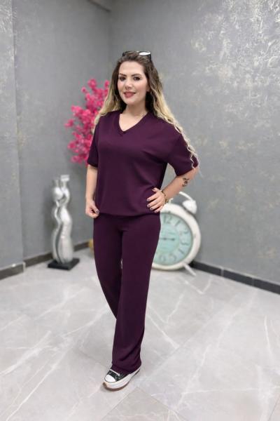 V YAKA MODAL KUMAŞ İKİLİ TAKIM  Mürdüm