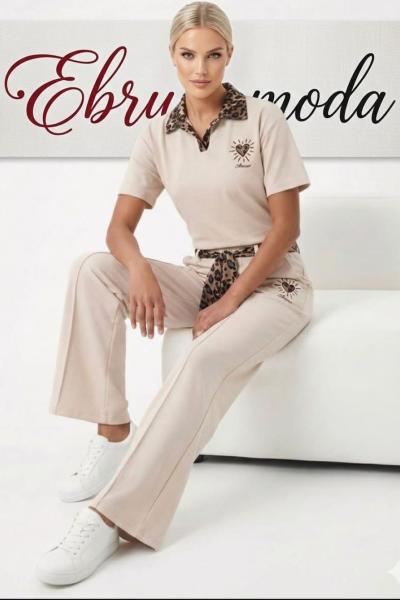 YAKA LEOPAR DETAYLI İKİLİ TAKIM Bej